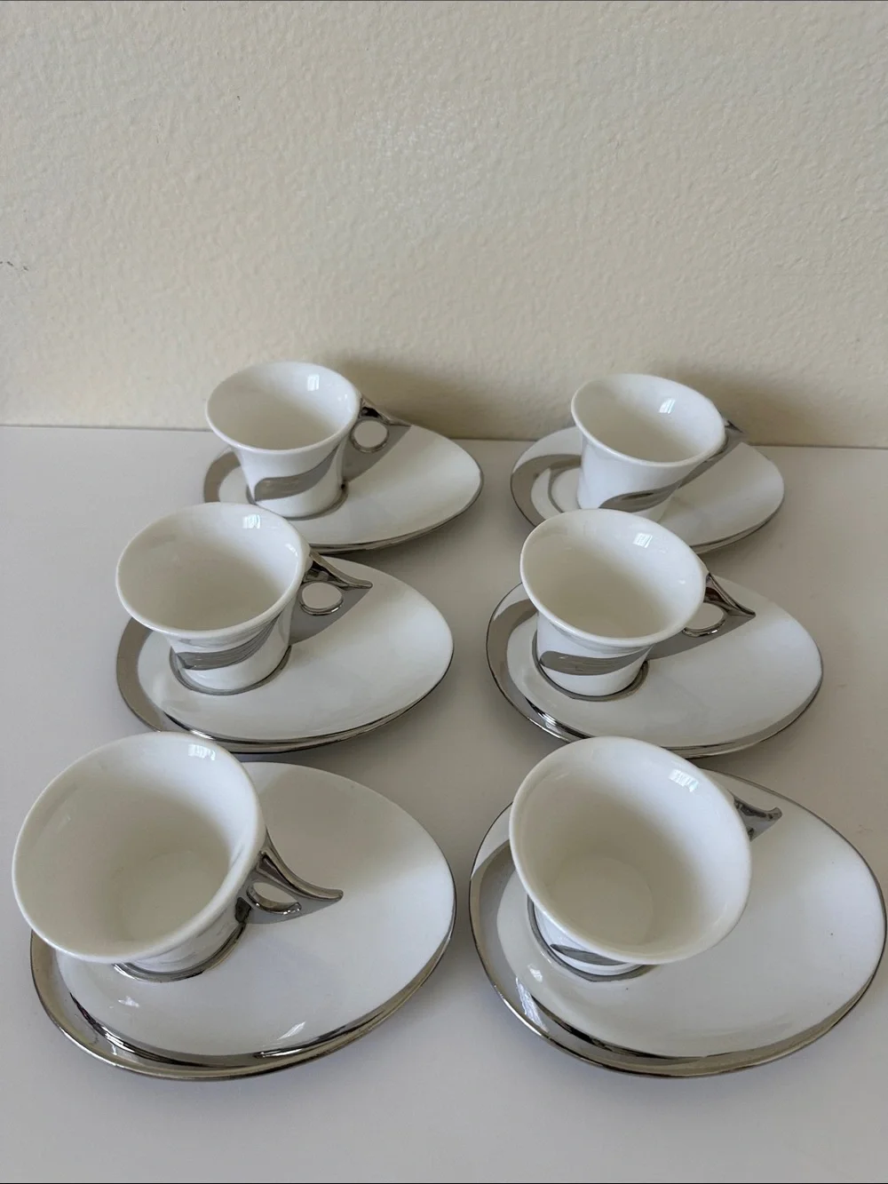 Nour White & Silver Ceramic Espresso Cup Set Of Six Cups With Saucers